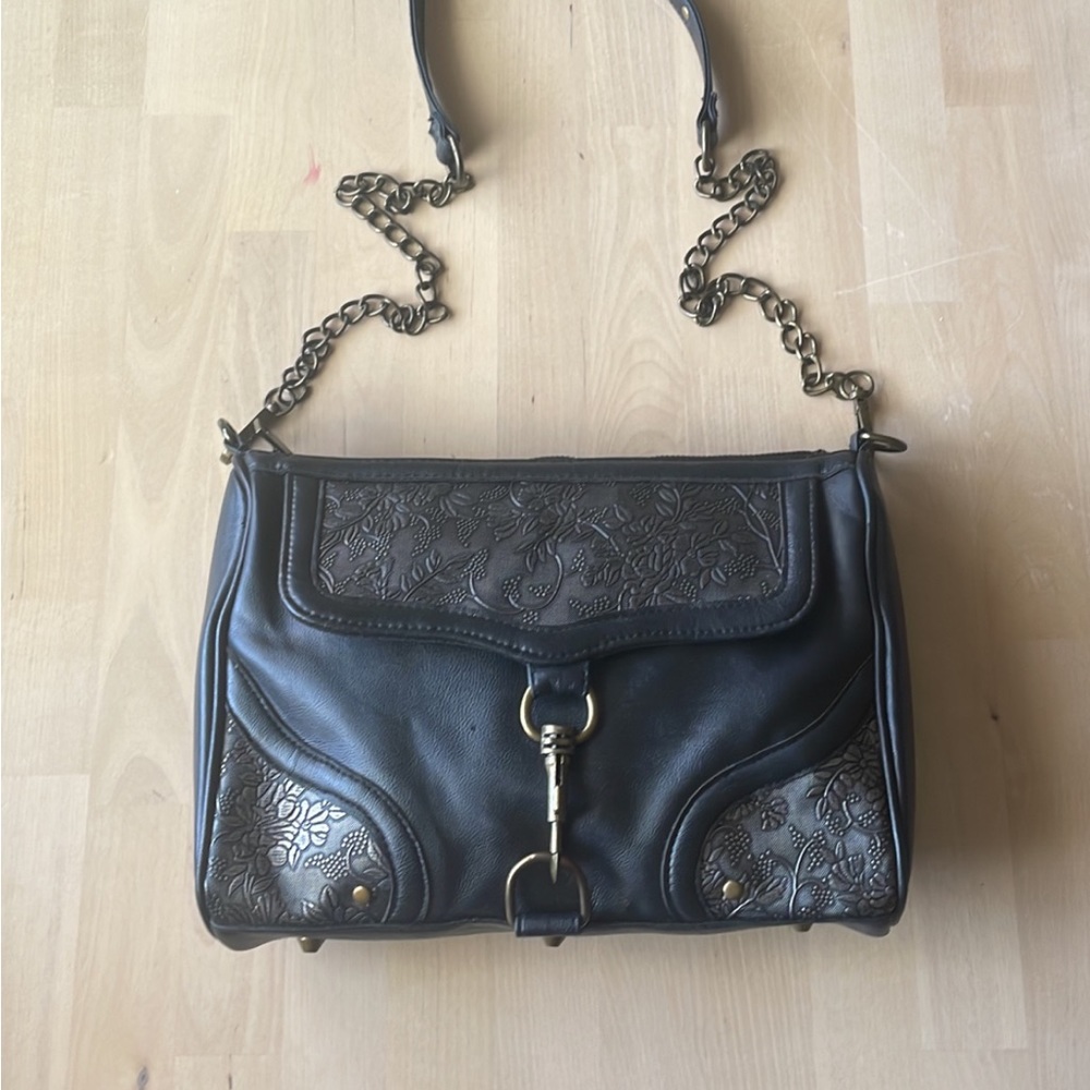 BRACIANO BLACK PURSE WITH EMBOSSED SILVER FLORAL